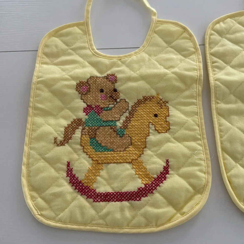 Vintage Cross Stitch Bid Bear Rocking Horse Sailboat Handmade 70s Yellow Quilted